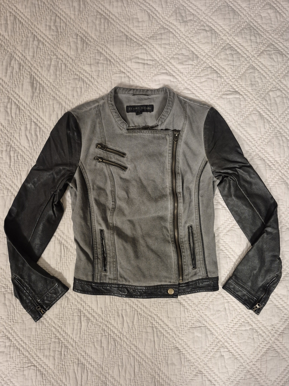 Blanc Noir Gray Black Faux Leather Moto Jacket S